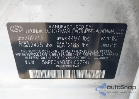 2013 Hyundai Sonata Se 2.0T из США, поврежденный, VIN 5NPEC4AB3DH667741